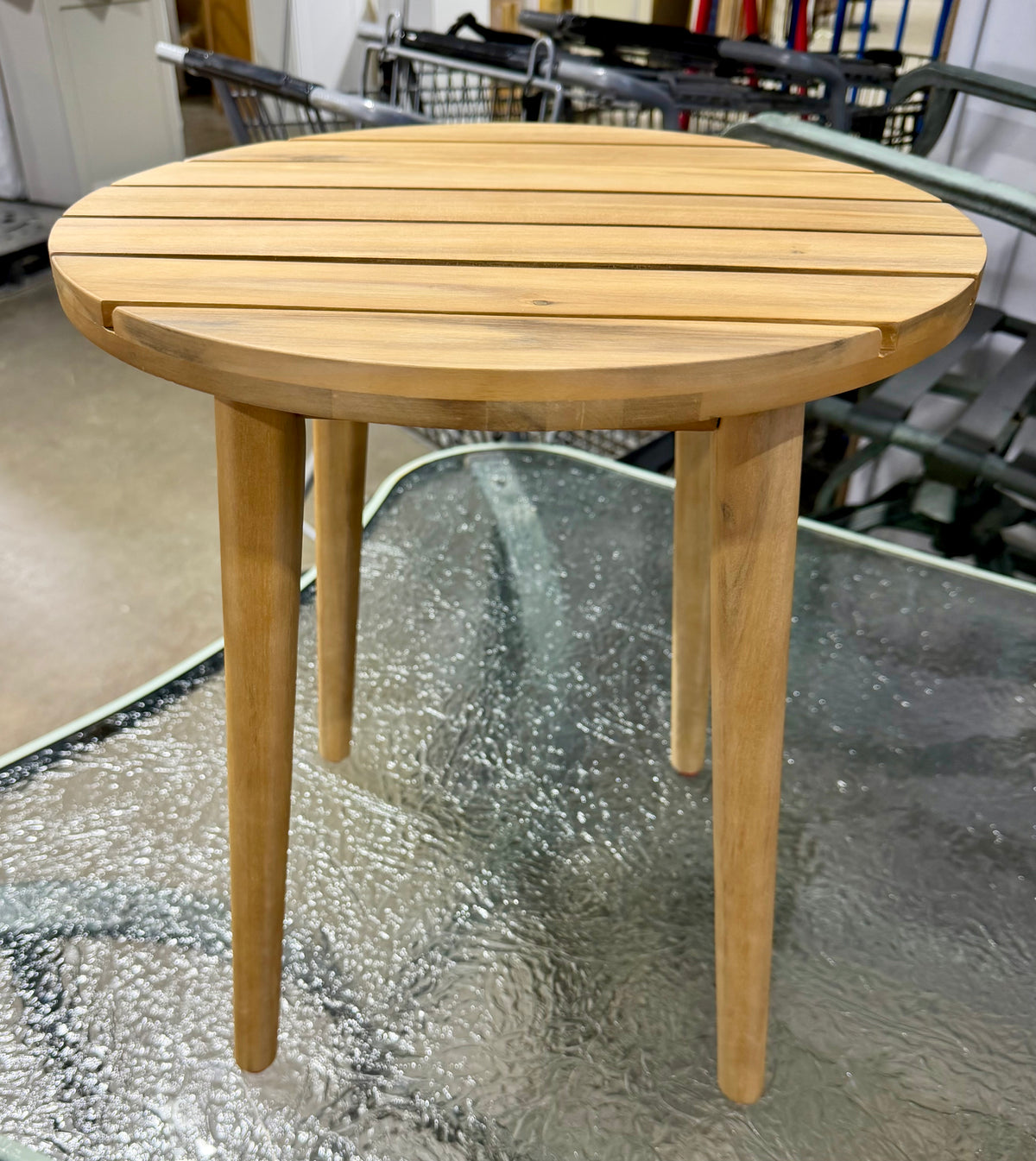 Sunny Days Slatted Wood Round Accent Coffee Table with Tapered Legs