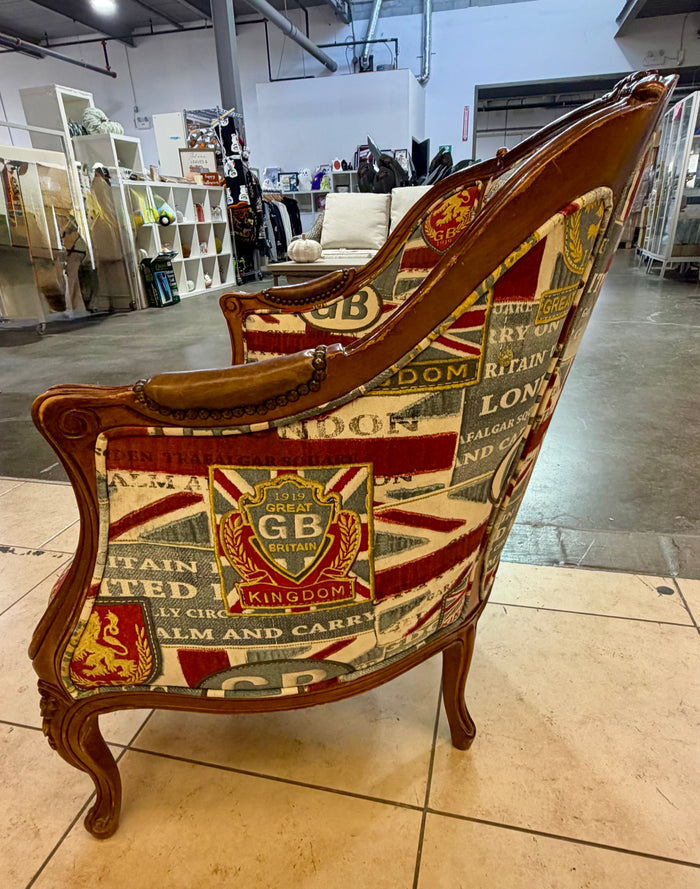 Vintage-Style French Bergère Accent Armchair with British Union Jack Tapestry Upholstery