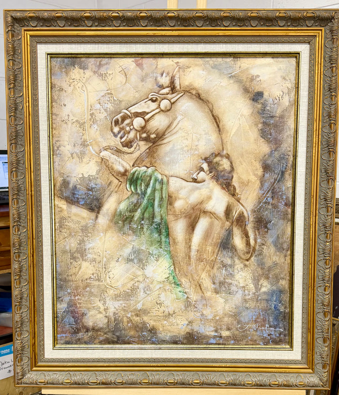 Striking Classical Neoclassical Style Horse & Male Figure Oil Paintings by J. Markham – Pair