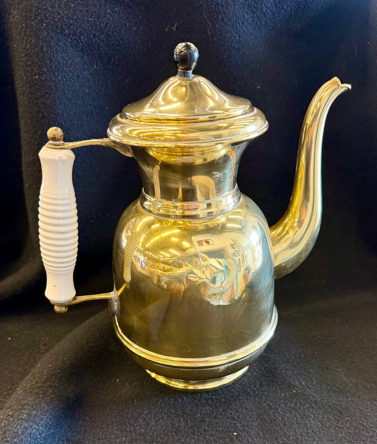 Vintage Solid Brass Coffee Pot / Teapot with White Ceramic Ribbed Handle