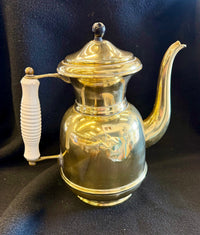 Vintage Solid Brass Coffee Pot / Teapot with White Ceramic Ribbed Handle