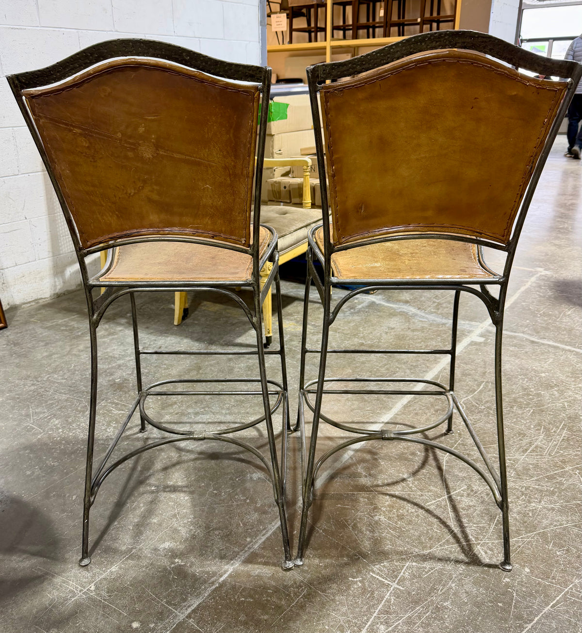 Pair of Luxury Hand-Forged Wrought Iron & Stitched Leather Bar Stools – Designer Style