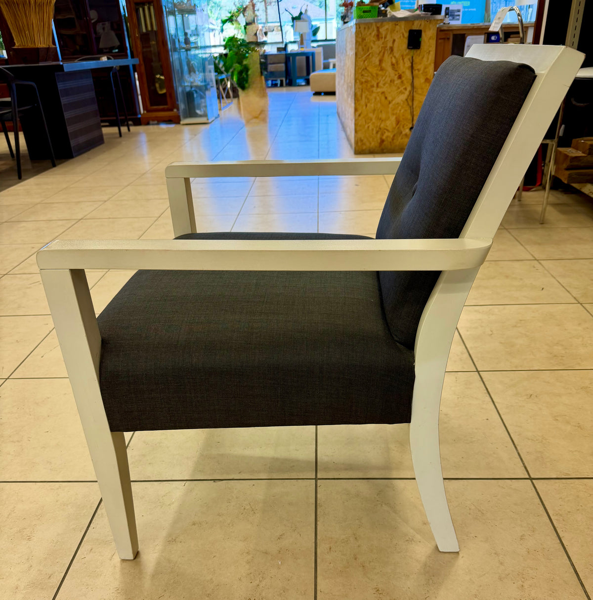Pair of Mid-Century Inspired Off-White Frame Armchair with Charcoal Grey Tufted Upholstery
