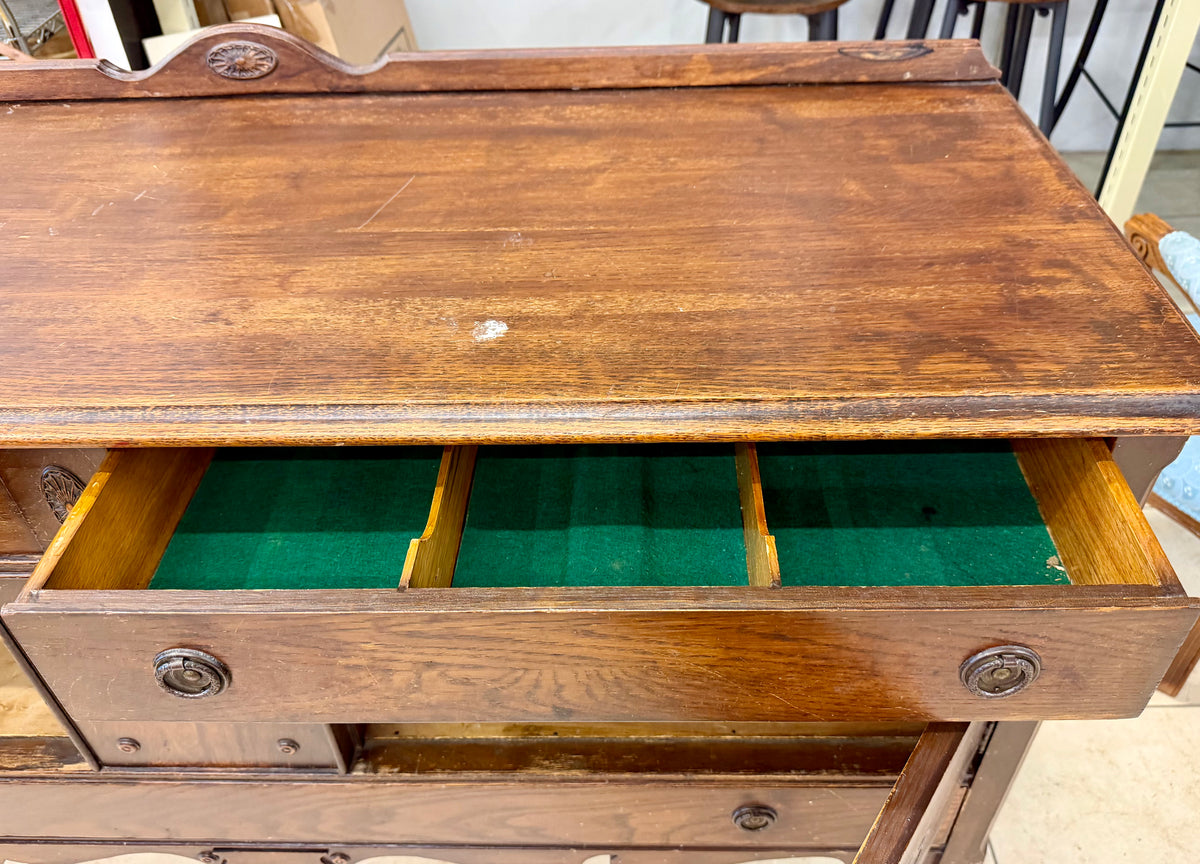 Vintage Jacobean Revival Quarter-Sawn Oak Buffet / Sideboard with Carved Details and Silverware Drawer