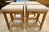 Set of Four Linen Upholstered Counter Height Barstools with Nailhead Trim