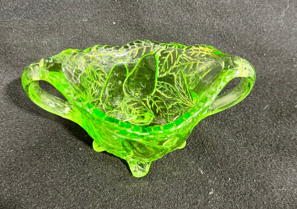 Vintage Indiana Glass "Sweet Pear" Uranium Green Depression Glass Double-Handled Footed Bowl