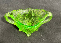 Vintage Indiana Glass "Sweet Pear" Uranium Green Depression Glass Double-Handled Footed Bowl