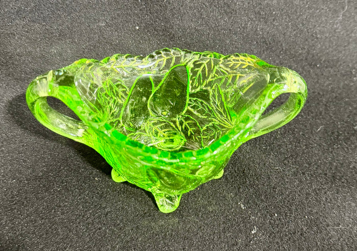 Vintage Indiana Glass "Sweet Pear" Uranium Green Depression Glass Double-Handled Footed Bowl