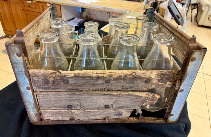 Vintage Rustic Wooden Dairy Milk Crate Set with 12 Authentic Glass Milk Bottles