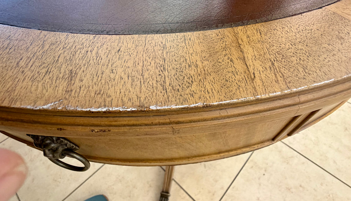 Vintage Round Wood Accent Table with Leather Inset Top and Brass Paw Feet