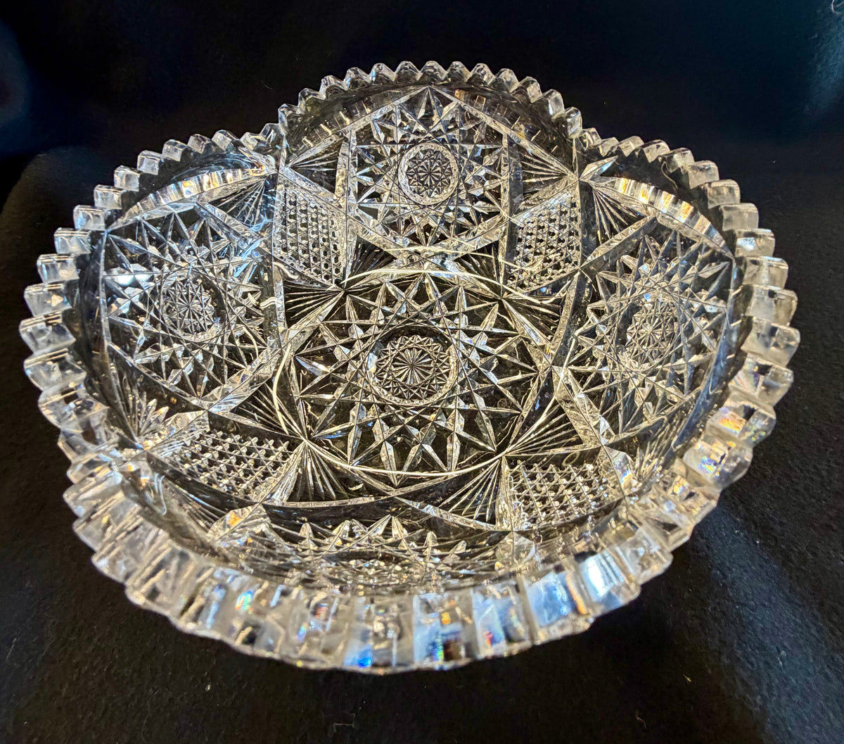 Breathtaking Brilliant Period American Cut Glass Master Bowl — Heavy Crystalline Masterpiece Featuring Complex Hobstar and Fan Motifs