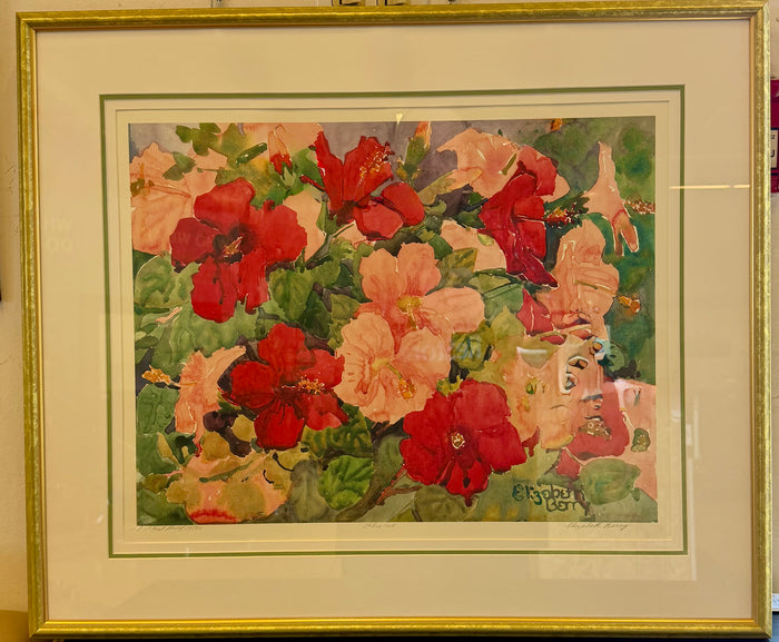 Elizabeth Berry “Hibiscus” — Signed Artist Proof Watercolor, Gold Gallery Frame