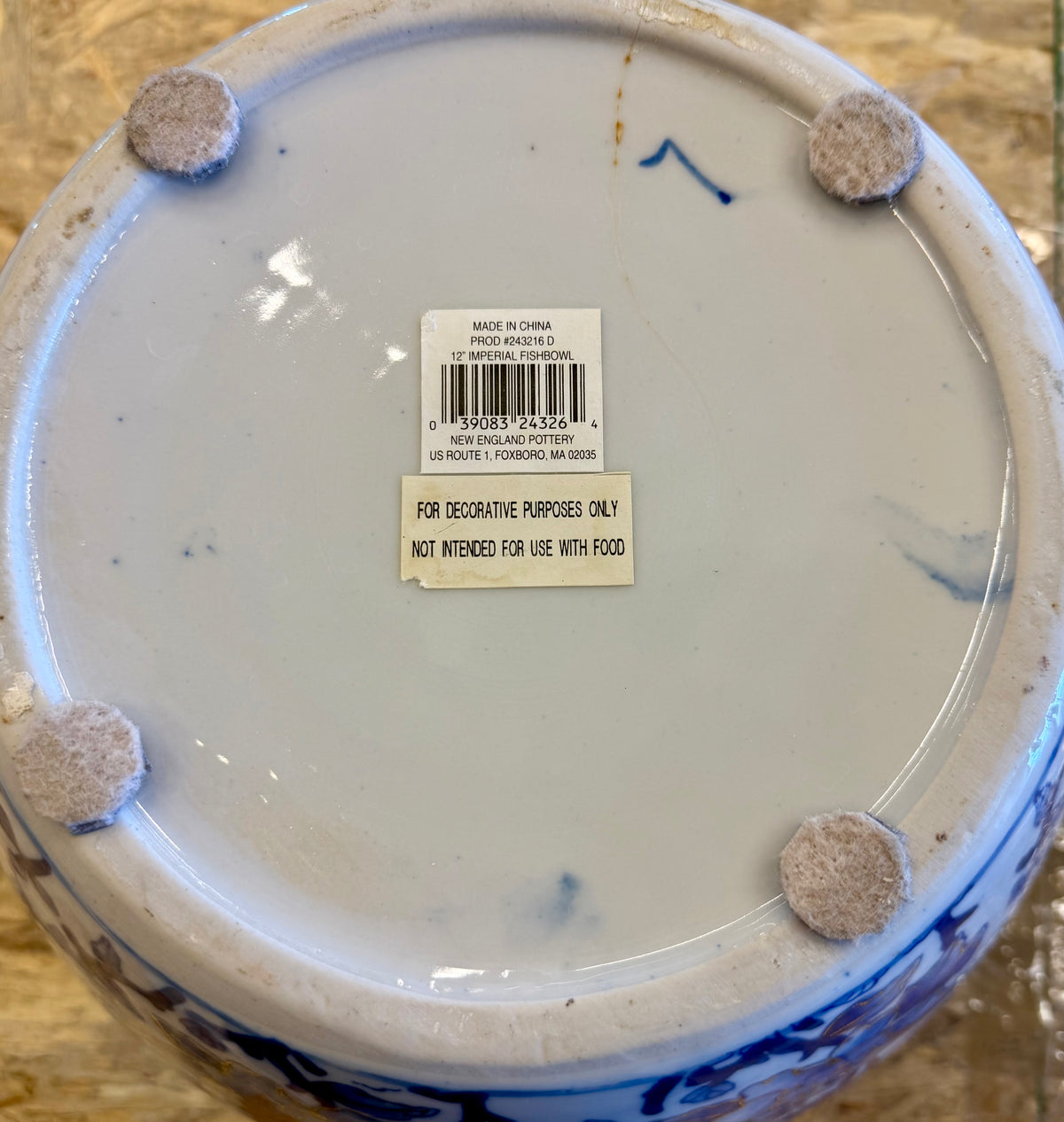 Blue and White Imperial Ceramic Fishbowl Planter with Gilt Accents