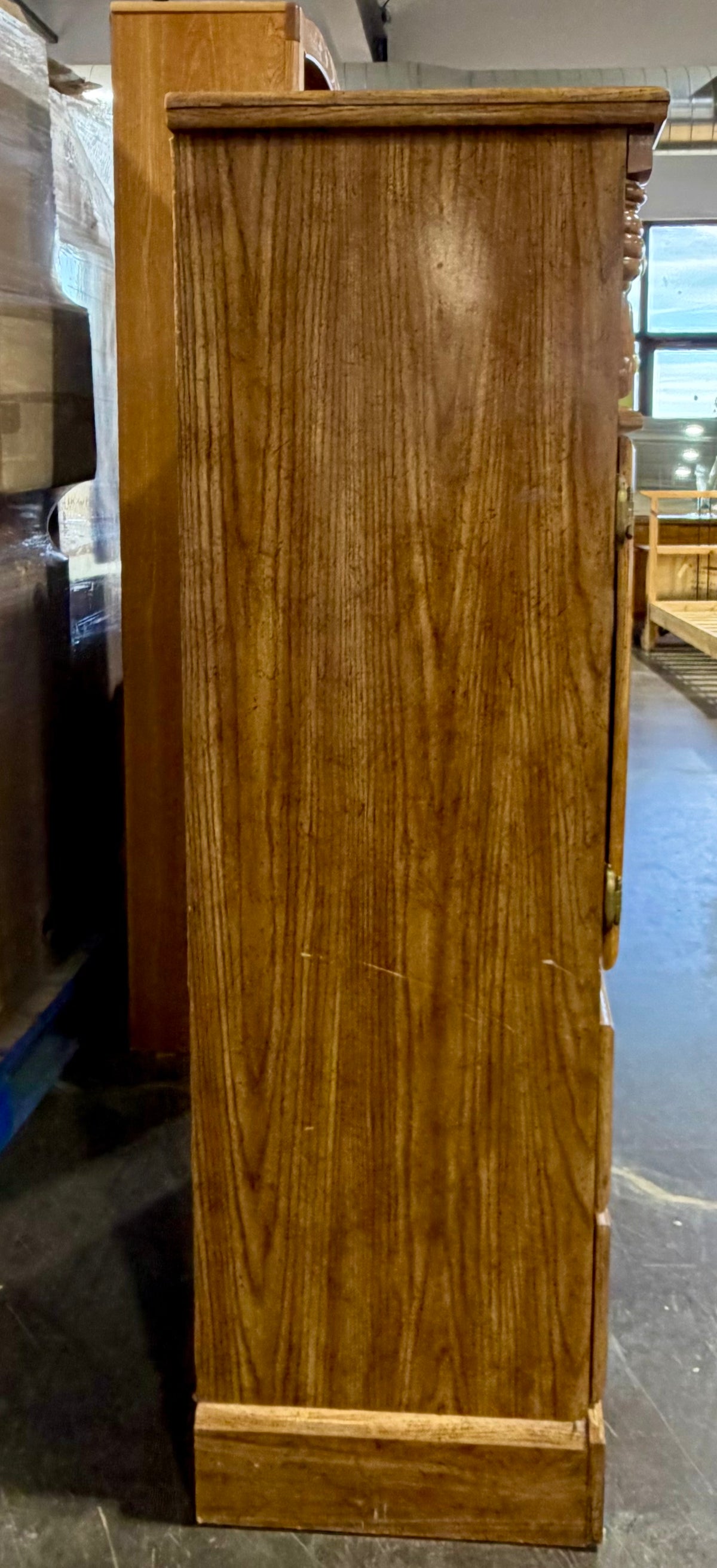 Charming Reproduction Vintage Oak Finished Multi-Tier Storage Armoire with Glass Accents