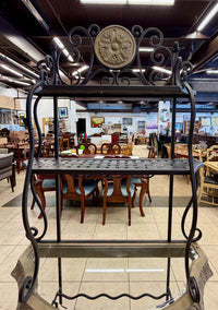 Ornate Mediterranean Wrought Iron Wine Bar & Baker's Rack with Carved Stone-Look Trim