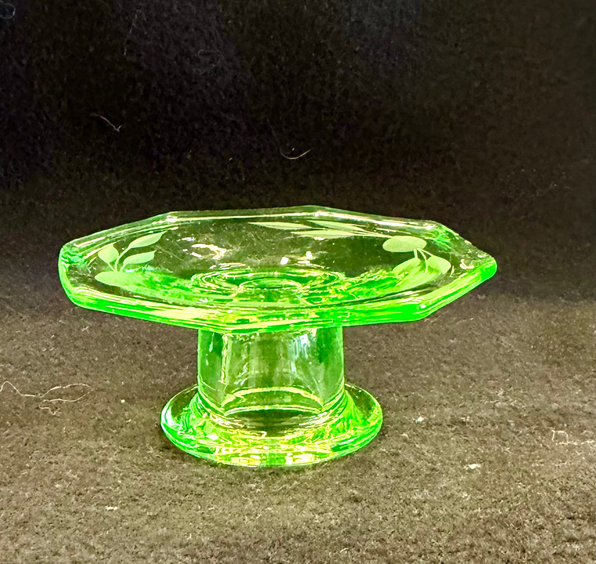Vintage Art Deco Etched Green Uranium Glass Multi-Piece Set (Bowl, Tumbler, and Stand)