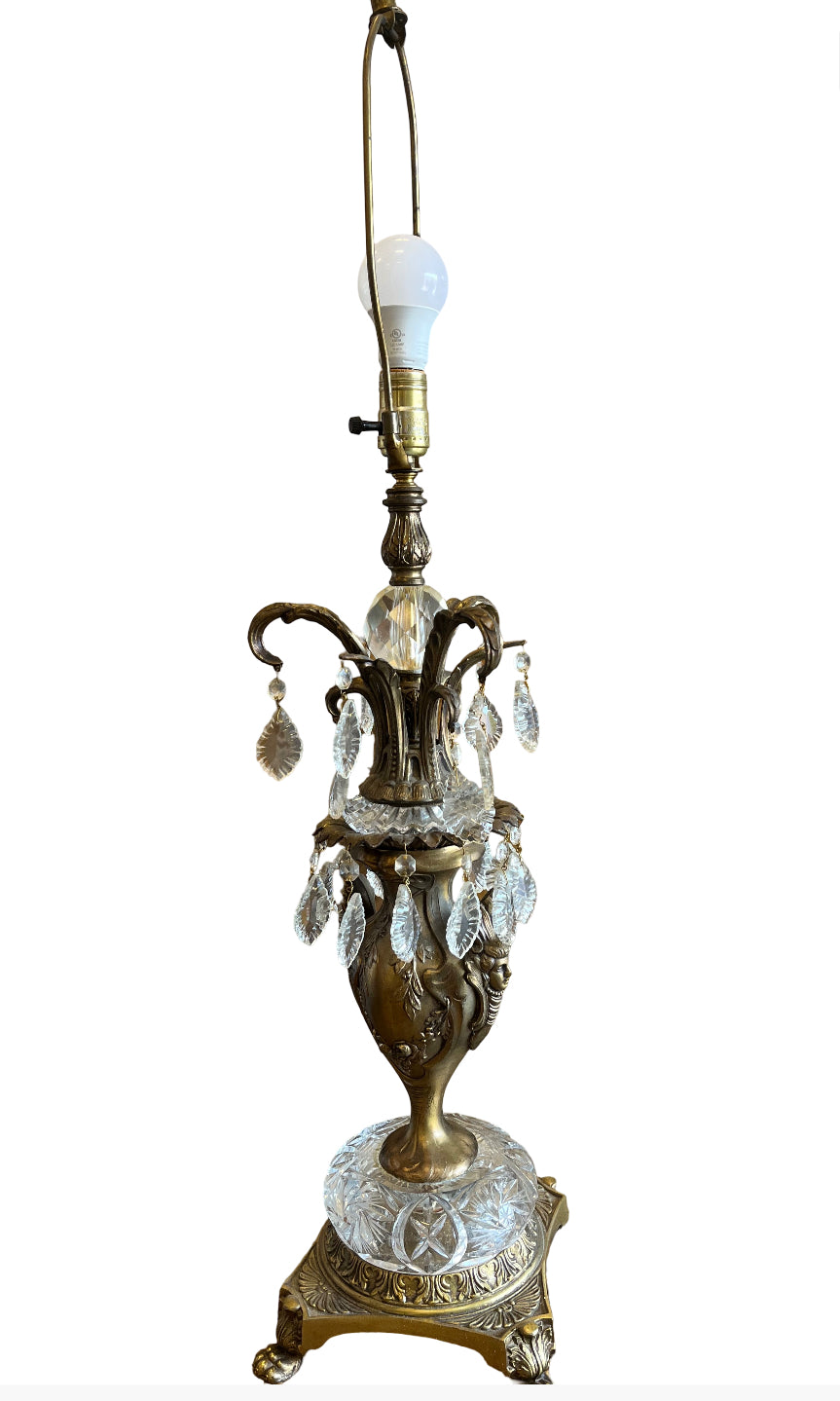 Vintage Ornate Brass & Bronze Table Lamp w/Crystals
