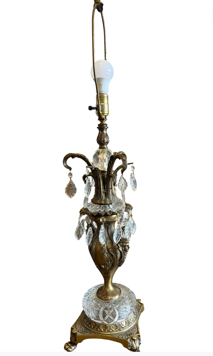 Vintage Ornate Brass & Bronze Table Lamp w/Crystals