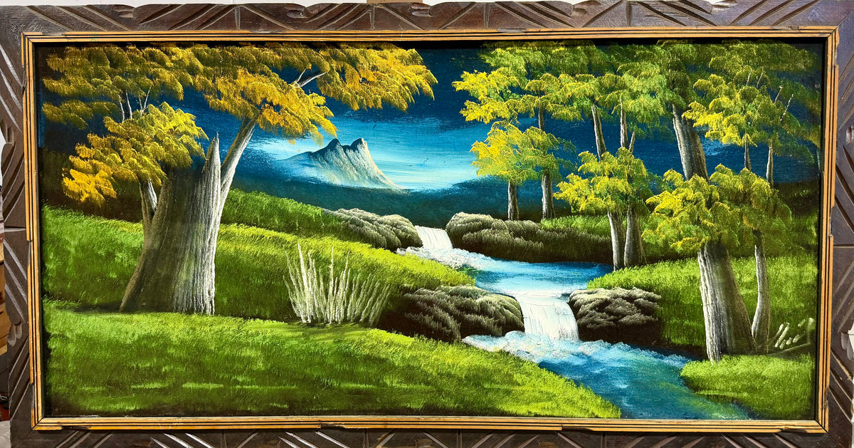 Vintage Velvet Velvet-Style Black Velvet Landscape Painting with Ornate Wooden Frame
