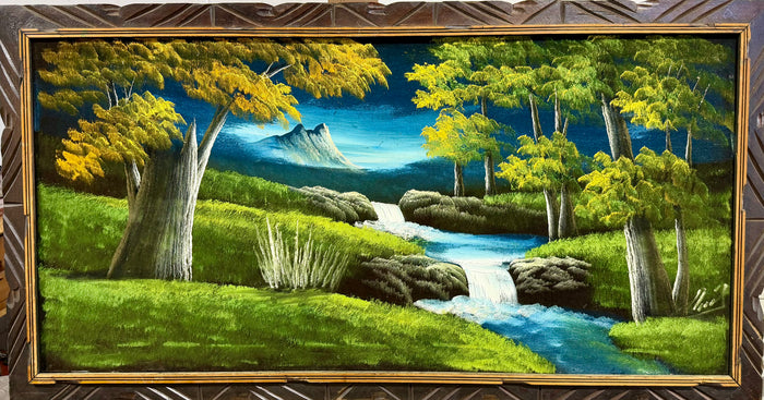 Vintage Velvet Velvet-Style Black Velvet Landscape Painting with Ornate Wooden Frame