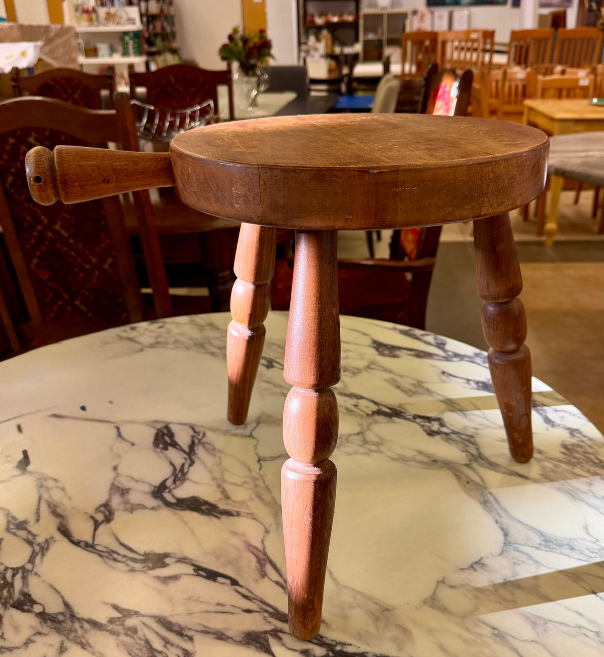 Vintage "Authentique Furniture Products" Rustic Solid Wood 3-Legged Milking Stool with Side Handle