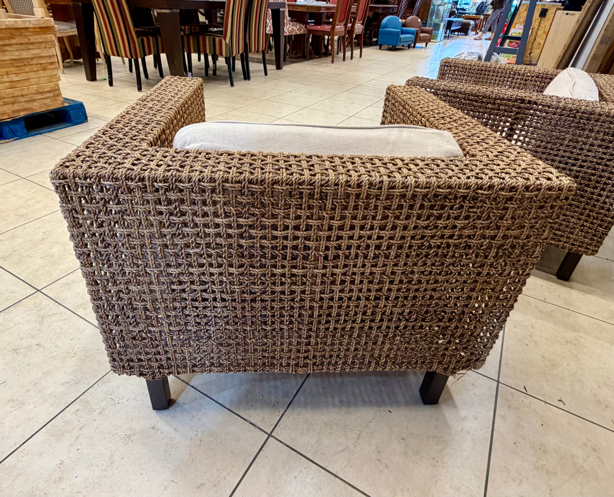 Woven Seagrass & Linen Armchairs (Pair)