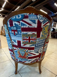 Vintage-Style French Bergère Accent Armchair with British Union Jack Tapestry Upholstery