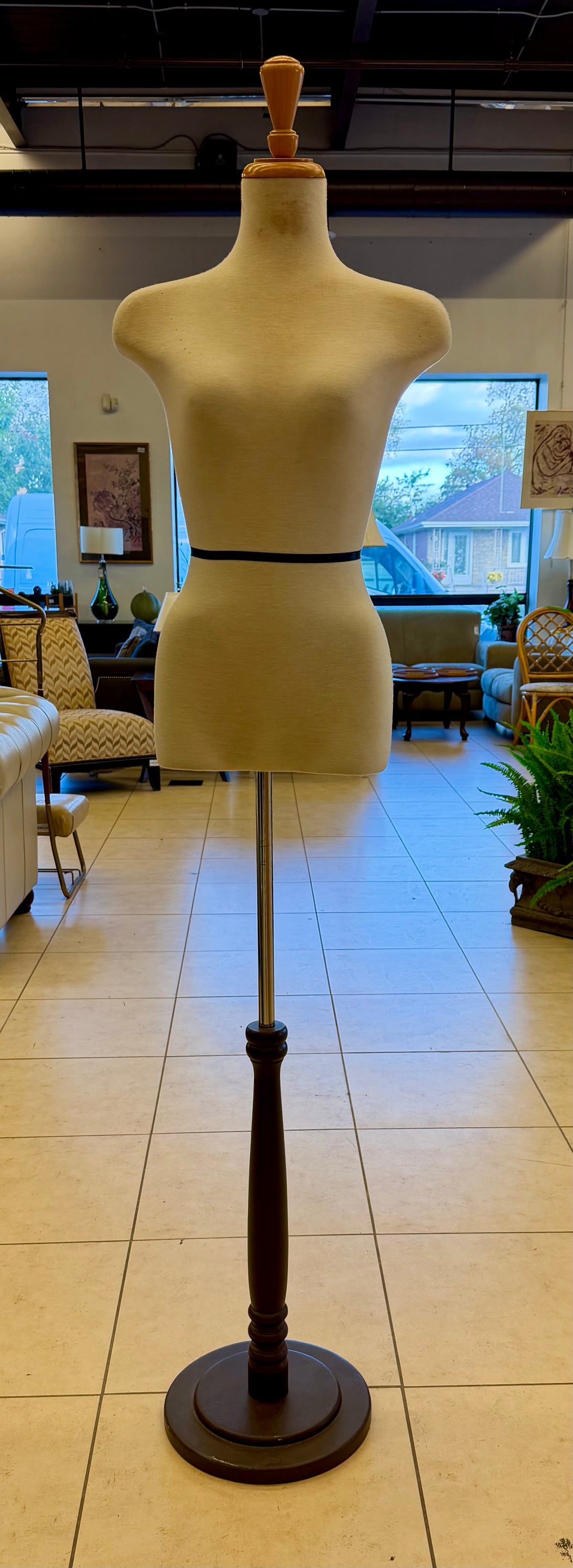 Vintage Cream Fabric Dressmaker Mannequin Tailor's Dummy on Dark Wood Pedestal Stand