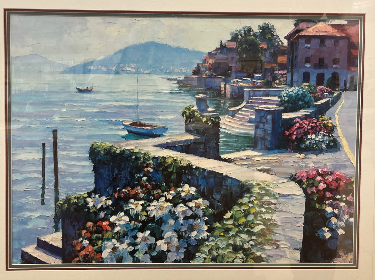 Mediterranean Coastal Landscape Print with Red Wood Frame