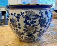 Blue and White Imperial Ceramic Fishbowl Planter with Gilt Accents