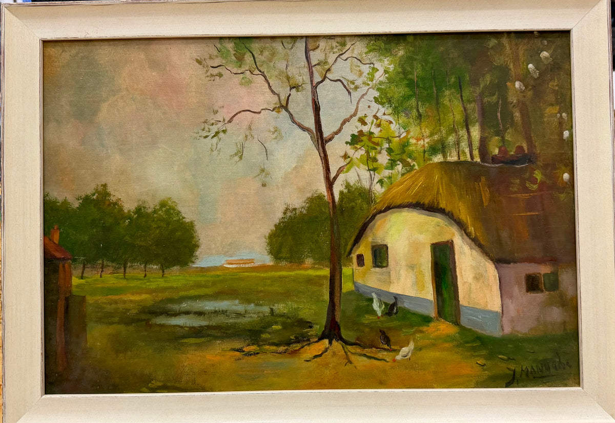 Vintage Countryside Cottage Oil Painting Signed J. Hannade