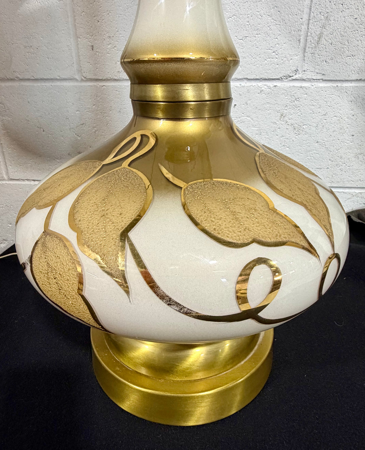 Vintage Mid-Century White and Gilded Gold Leaf Statement Table Lamp with Drum Shade