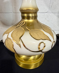 Vintage Mid-Century White and Gilded Gold Leaf Statement Table Lamp with Drum Shade