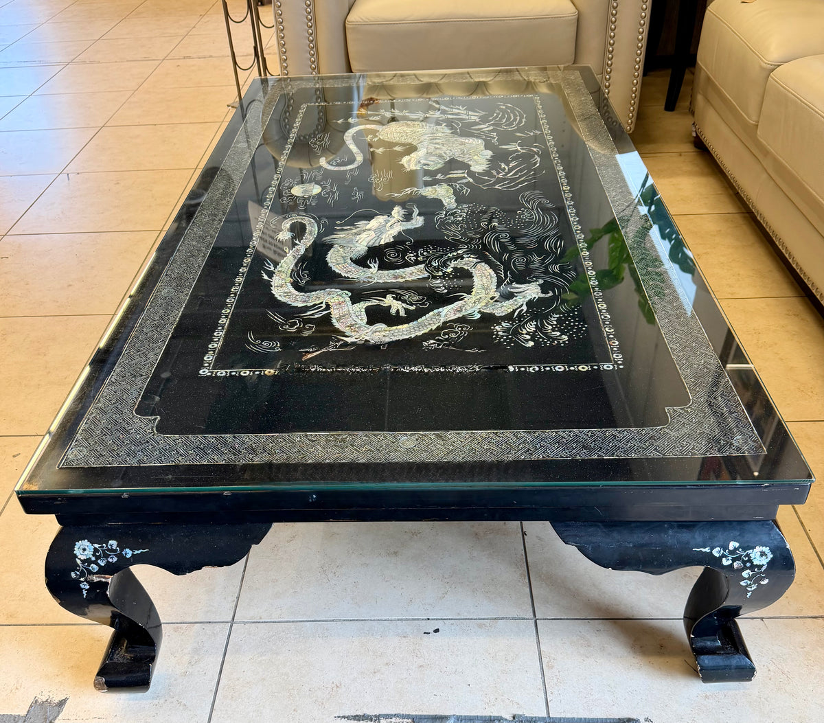 Handcrafted Mother-of-Pearl Inlaid Black Lacquer Korean Coffee Table