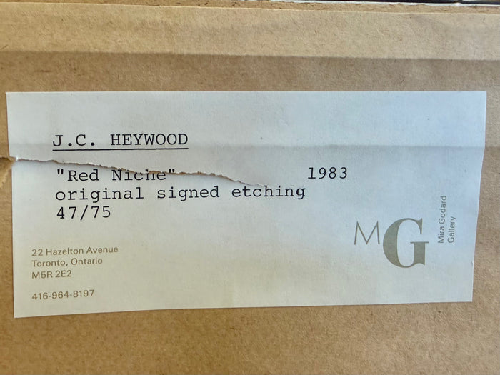 Signed etching titled "Red Niche" by  J.C. Heywood.