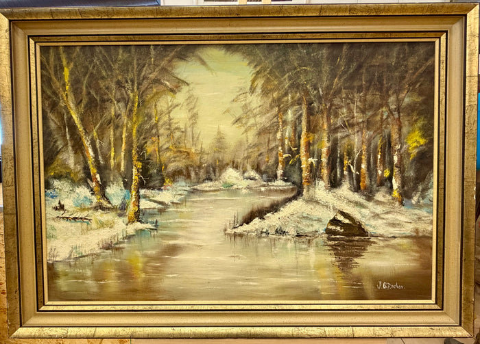 Serene Winter Riverbank Landscape Original Oil Painting by J.G. Rochon