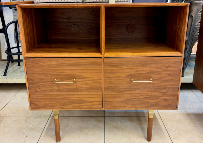 Mid-Century Modern Style Walnut Office Credenza & Lateral File Cabinet with Brass Accent Legs