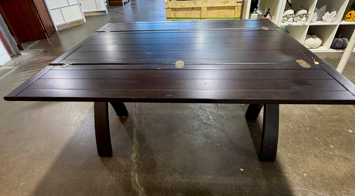 Convertible Space-Saving Black Wood Drop-Leaf Console-to-Dining Table with Architectural X-Base