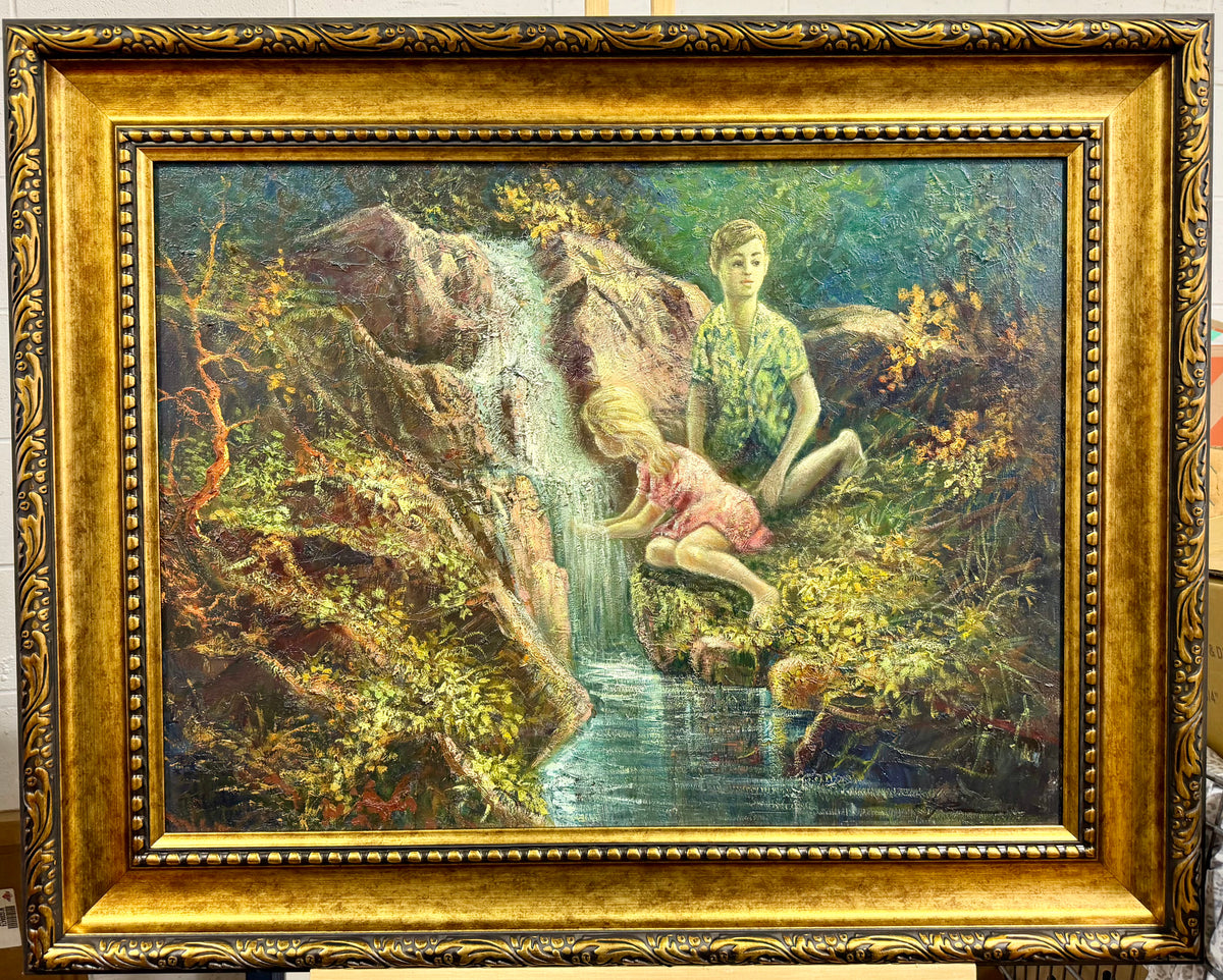 Vintage Mid-Century Impressionist Oil Painting – Children by a Forest Waterfall