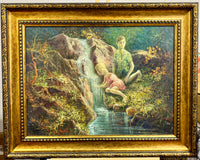 Vintage Mid-Century Impressionist Oil Painting – Children by a Forest Waterfall