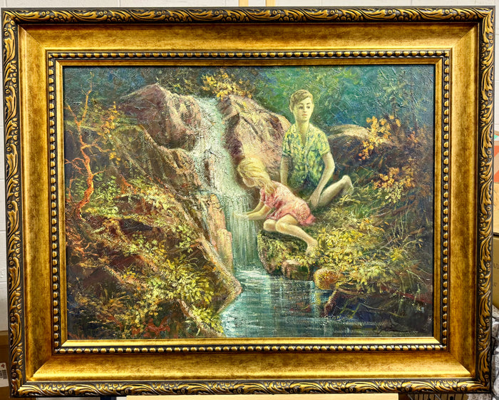 Vintage Mid-Century Impressionist Oil Painting – Children by a Forest Waterfall