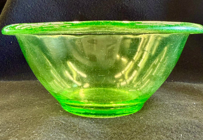 Vintage Uranium Glass Mixing Bowl in Glowing Vaseline Green