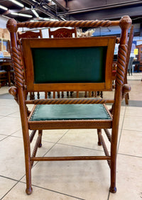 Charming Antique Victorian Barley Twist Accent Chair with Deep Green Upholstery