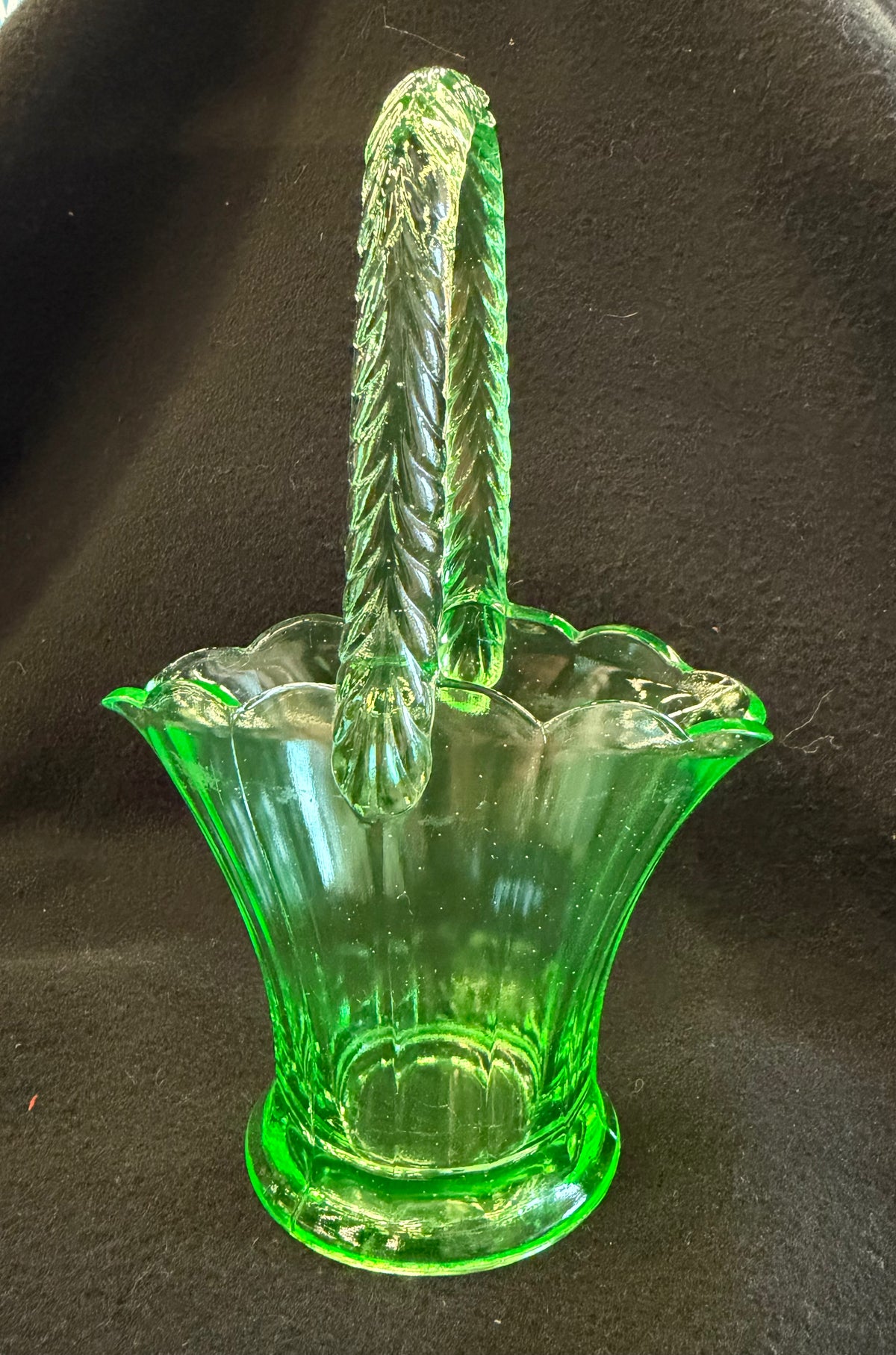Vibrant Vintage Uranium Glass Basket with Twisted Handle