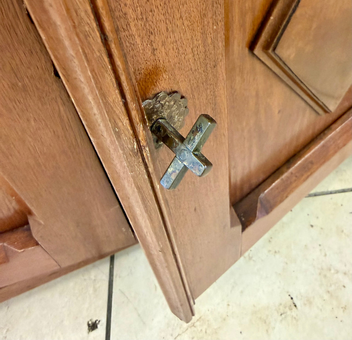 Antique Wood Cabinet with Raised Backsplash and Diamond Panel Doors