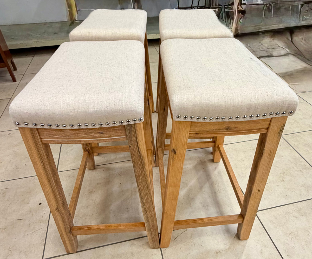 Set of Four Linen Upholstered Counter Height Barstools with Nailhead Trim