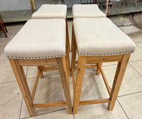 Set of Four Linen Upholstered Counter Height Barstools with Nailhead Trim