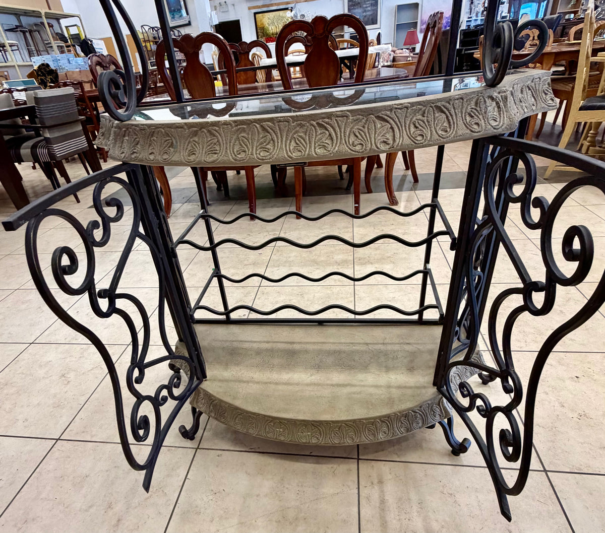 Ornate Mediterranean Wrought Iron Wine Bar & Baker's Rack with Carved Stone-Look Trim