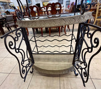 Ornate Mediterranean Wrought Iron Wine Bar & Baker's Rack with Carved Stone-Look Trim
