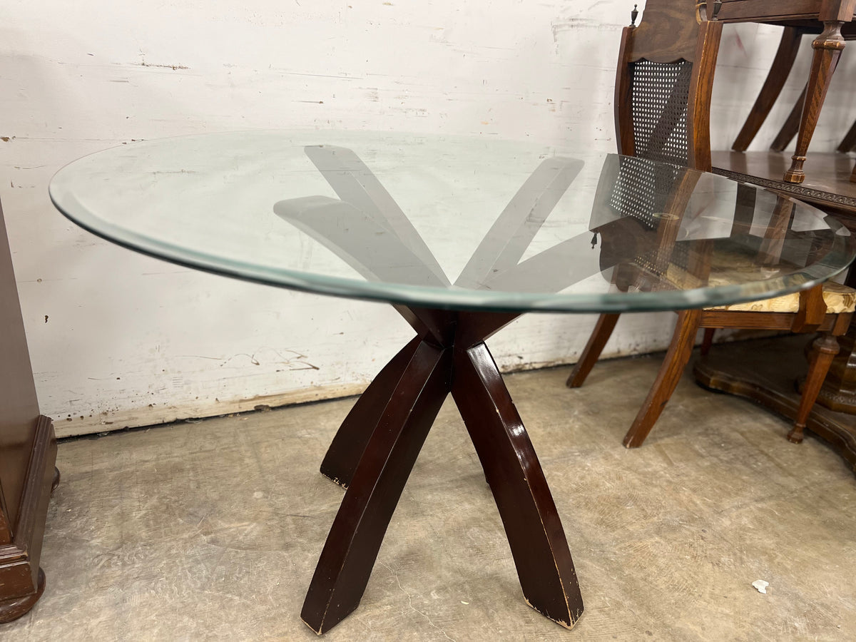 Circular Glass Dining Table w/ Wooden Legs